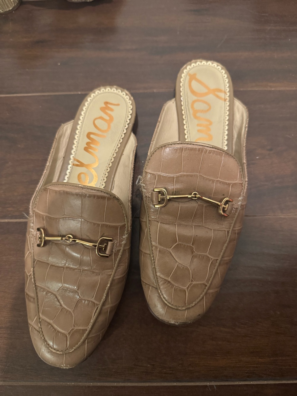 Sam Edelman Taupe Croc-Embossed Leather Horsebit Mules